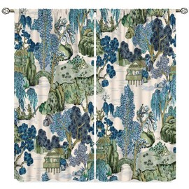 Yearn Jear Chinoiserie Curtains,Mountain Landscape Window Treatments for Bedroom Kitchen Door Decor, Oriental Art Traditional Japanese Ink Painting Landscape Drapes 2 Panel 42x45 Inch Decor