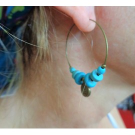 Six turquoise stones vintage bronze hoop earrings and howlite stones. Unique, turquoise stone earrings with spiral