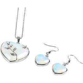 Jewellery Gift Set For Women - Silver Hearts Roses Necklace & Drop Earrings - With a Quality Gift Box (White Opalite Opal)