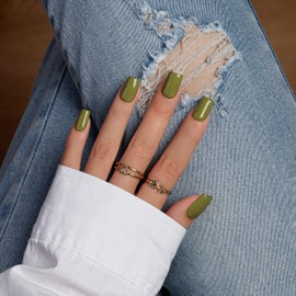 KQueenest Olive Green Press On Nails Medium Square - Acrylic Press On Nails with Glue, Moss Green Coffin Short Fake Nails Press ons, Glossy Opaque, Reusable Soft Gel Glue on Nails for Women, 28 Pcs