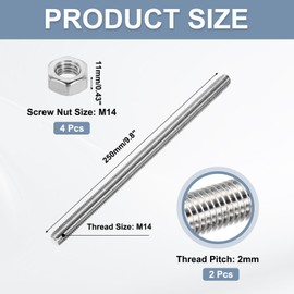 sourcing map Fully Threaded Rod M14 x 250mm 2mm Thread Pitch 304 Stainless Steel Right Hand Threaded Rods Bar Studs Long Threaded Screw With Screw Nuts 2 Pack