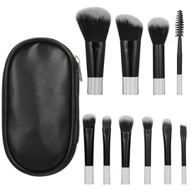 Juego de 10 mini brochas de maquillaje de viaje, kit cosmético de función completa portátil negro con bolsa para cepillos, juego de brochas de maquill