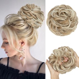 CJL HAIR Large Messy Bun Hair Piece Wavy Curly Scrunchies Synthetic Chignon Ponytail Hair Extensions Thick Updo Hairpieces for Women Sunny Blonde