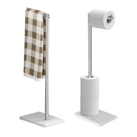 JOMANDAN 304 Stainless Steel Freestanding Toilet Paper Holder with Marble Base - Multi-Roll Capacity, No-Drill Installation, Bathroom Organizer for Compact Spaces (Brushed/White Marble)