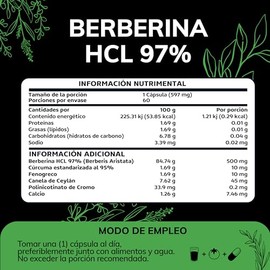 Quotidien | Berberina HCL 97% | 500mg de Berberina Clorhidrato, potenciado con Canela de Ceylán, Fenogreco y Cúrcuma estandarizada al 95% | VCaps Cáps