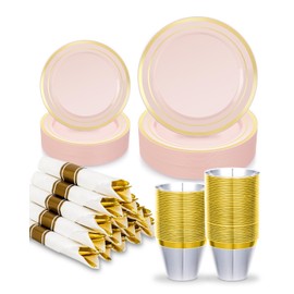 BESTVIP 700PCS Silver Plastic Dinnerware Set for 100 Guests, Disposable Plates for Party, Include: 200 Plastic Plates, 100 Pre Rolled Napkins with Silver Silverware, 100 Cups