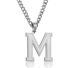 RWQIAN Mens Initial Necklace Silver Stainless Steel Chain with M Letter Pendant Necklace Initials Jewellery Fathers Day Birthday Gift for Dad Husband Son Grandson Brother