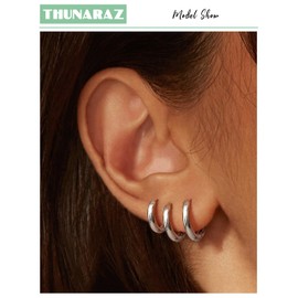 Thunaraz 5 Pairs Small Hoop Earrings for Women 14K Gold Plated Tiny Huggie Hoops Sterling Silver Post Mini Cartilage Earring Hoop Pack Hypoallergenic Lightweight Ear Piercing Earrings Set Silver Hoop