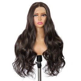 Derun Long Wavy HD Lace Synthetic Wig Skin Melt Swiss Lace Front Wigs 24 Inch Highlight Brown Colored Heat Resistant Fiber Transparent Lace Wigs for Women (2/30)