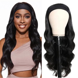 Perücke mit Stirnband, Menschenhaar, 61 cm, mit gewelltem Stirnband, 150 % Dichte, brasilianisch, Virgin, für Damen, natürlich, glueless, menschliches Haar, gewellt, natürliche Farbe, Haarband