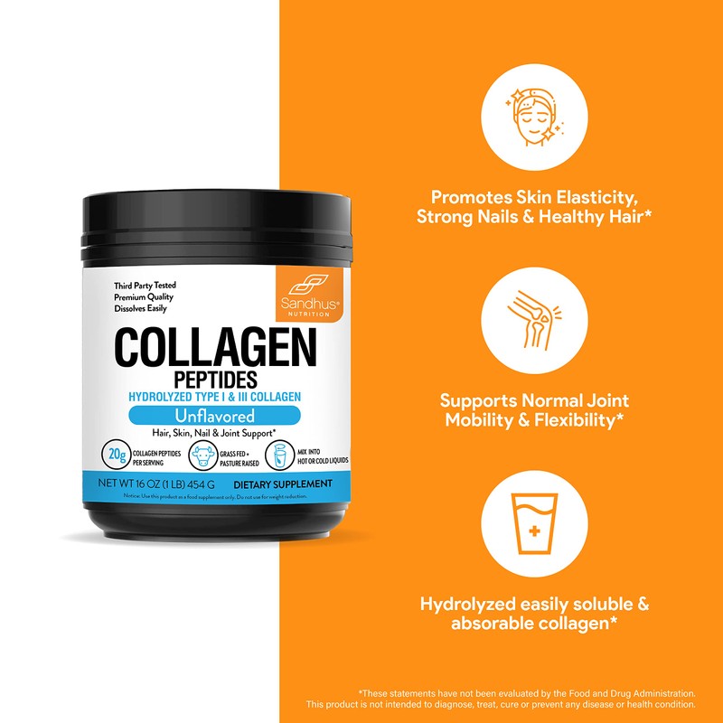 Sandhu's Collagen Peptides, Péptidos De Colágeno 454g