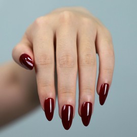 LY LANYOS Press On Nails Almond, Glossy Fake Nails, Supremely Fit Glue on Nails, Reusable Stick on nails with Nail Glue in 16 Sizes, 32 Pcs, Wine Red