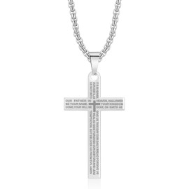 DNBVII Stainless Steel Cross Necklace Lord's Prayer Pendant, Intricate Engraving for Men Women, Faith & Protection with Chain(Sliver)