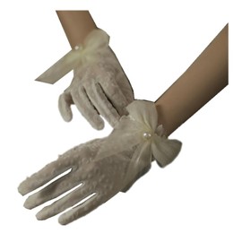 ZHUXILUDAO Women's lace gloves Vintage wedding bride Opera Pearl bow gloves (Leopard print bow, One size)