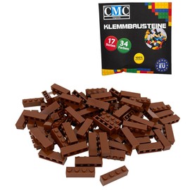 CMC imports 30 Clamping Blocks, Building Blocks, Basic Building Blocks, 1 x 4 Nubs, Compatible Bricks, 34 Different Colours (090 - Brown)