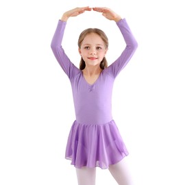 Bezioner Girls Ballet Dress Kids Gymnastics Dance Leotard Costume Dancewear With Skirt (Purple Long Sleeve, 110(100-110cm,4-5 Years))