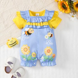 6-9 Months Toddler girl summer outfits yellow short sleeve romper sunflower Overalls shorts sets 2pcs baby girls bodysuit
