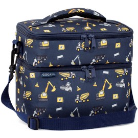EXECO Designer Lunch Bag for Kids Preschool and Elementary – 9L Insulated Lunch Box with 2 compartments, Fabric 100% Made from Recycled Water Bottles (RPET) (Construction Trucks Collection) EX22345PE