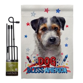 Breeze Decor Patriotic Black Jack Russell Garden Flag Set with Stand Animals Dog Puppy Spoiled Paw Canine Fur Pet Nature Farm Animal Creature Small Gift Yard House Banner Made in USA 13 X 18.5