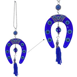 LUCKBOOSTIUM Evil Eye Horseshoe Hanging Ornament Blue Charm & Horseshoe w/Crystal Car Decor Rear View Mirror Home Wall Ornaments Keychain Decorative Accessories for Luck & Protection