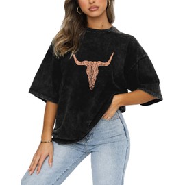 Rodeo Cow Skull Shirts for Women Vintage Western Bull Skull Graphic T-Shirt Retro Cowgirl Oversized Casual Tee Tops(Black, M)