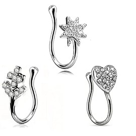 Fake Nose Rings: 3pcs Septum Nose Hoop Rings Clip On Non-Pierced Adjustable Cuffs - Silver