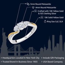 Gem Stone King 925 Sterling Silver and 10K Yellow Gold White Moissanite and White Lab Grown Diamond 3 Stone Engagement Ring For Women | 0.46 Cttw | Available In Size 5, 6, 7, 8, 9