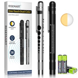 RISEMART 2 Pack Pen Light for Nurse, Medical Penlight with One-Button Switch for White & Warm Light, Pupil Gauge & 5cm Ruler, Pocket Clip, Durable LED Penlights for Nursing, Doctors, Students
