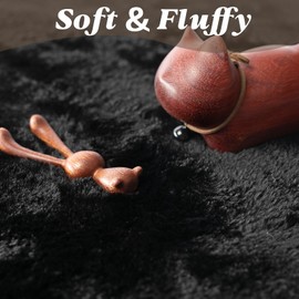 ThreadGlobe Fluffy Faux Rabbit Fur Rug 2'x3', Ultra Soft & Non-Slip Small Rugs for Bedroom, Living Room, Nursery, No Shedding Machine Washable Rug, Black, 2x3 Ft