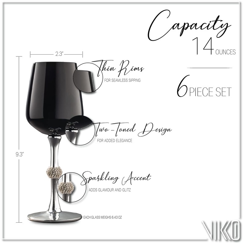 Vikko Décor Black and Silver Wine Glasses: 14.2 Oz Wine