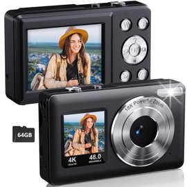 Digital Camera Dual Screen Kids Camera 4K 48MP with Autofocus & 16X Zoom, Internal Battery, 64GB SD Card Included | Portable Selfie Camera for Teens Children, Starter Vlogging Cameras