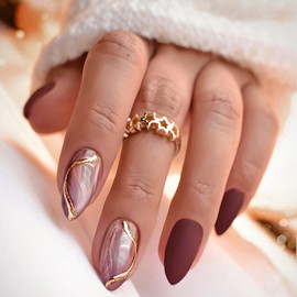 Medium Almond Press on Nails Gold Fake Nails with Glue Glitter Swirl Full Cover Glue on Nails Almond Red Nails Press on Acrylic Nails Marble False Nails White Stick on Nails for Women Nail Decoration