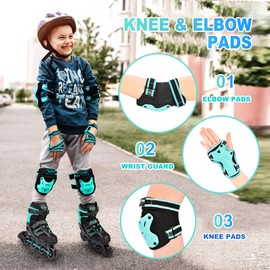 2PM SPORTS Knee Pads for Kids, Wrist Guards Knee and Elbow Pads Set with Drawstring Bag, Protective Gear Set for Girls Boys Roller Skating Cycling Skateboard - Mint Medium
