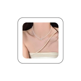 Cimenexe Bohemian Crystal Bow Choker Necklace Silver Cz Bow Tie Pendant Necklace Rhinestone Curved Bar Necklace Round Pearl Chain Necklace Jewelry for Women