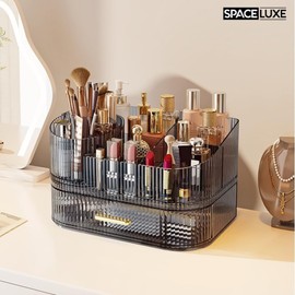 SpaceLuxe Makeup Organizer with Drawers and 360° Rotating Brush Holder, Large Capacity Cosmetic Storage for Vanity, Skincare, Perfume, Hair Accessories, Lipstick & Jewelry (Transparent Gray, 2-layer)