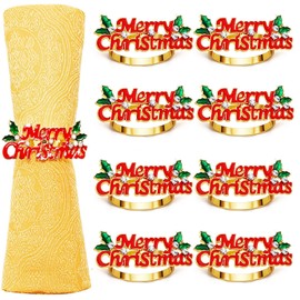 KAHEIGN 8Pcs Christmas Napkin Rings, Gold Merry Christmas Napkin Holders Xmas Napkin Buckle with Rhinestone for Christmas Lunch Thanksgiving Party Holiday Wedding Table Decoration (6cm x 2.5cm)