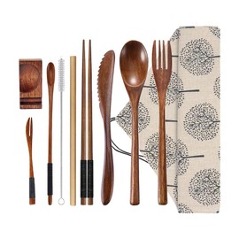 Wooden Utensil Flatware Set Reusable Utensils Travel Cutlery Set for Eating with Case, 10 Pcs Wooden Spoon and Fork Set Bamboo Flatware Set with Wooden Knife, Fork, Spoon, Chopsticks, Straws and Brush