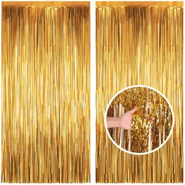 2Pcs Foil Curtain Decorations - 3.2ft x 6.5ft Tinsel Curtain, Glitter Door Curtain, Tinsel Hanging Streamers for Party, Prom, Birthday, Christmas, School Graduation Decorations (Gold)