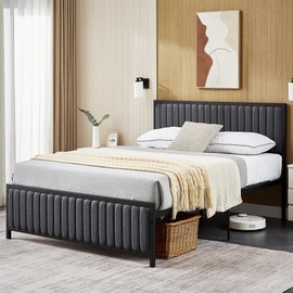 VECELO Full Size Bed Frame with Upholstered Headboard, Heavy Duty Steel Slats Platform, No Box Spring Needed, Dark Grey