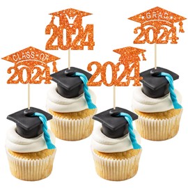 Paquete de 24 adornos de graduación para cupcakes 2024 con purpurina, gorro de graduación 2024, para decoración de pasteles de fiesta de graduación 2024, suministros de decoración de pasteles, color