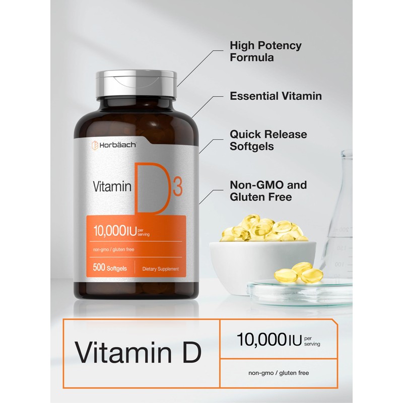 Horbäach Vitamin D3 10000 IU | 500 Softgels | Non-GMO,