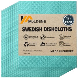 MoLKENE Swedish Dish Cloths - 10 Pack Reusable Kitchen Dishcloths - Ultra Absorbent Dish Towels for Washing Dishes - Cellulose Sponge Cloth Cleaning Cloths - Green