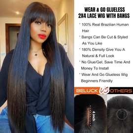 Women's Straight Human Hair Wig with Bangs, 2 x 4 Lace Front Wig Human Hair for Black Women, Wear And Go Glueless Wig Human Hair Wig Black with Fringe 180% Density 26 Inches