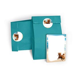 Party Bag Set of 12 Gift Bags / Blue, 12 Stickers and 12 Mini Blocks Two Horses / Gift Bags for Party Favours Children Girls for Children's Birthday Birthday Party Bags
