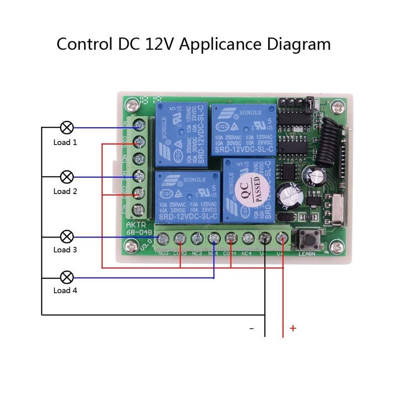 DC 12V 10A Relay Remote Control Switch, 433Mhz 4 CH