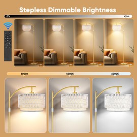 Rattan Floor Lamps for Living Room, Boho Standing Lamps with White Rattan& Linen Double Shades, Arc Lamps Floor Standing with 9W Bulb, Foot Switch, Gold Bohemian Floor Lamps for Bedroom, Office-Drum