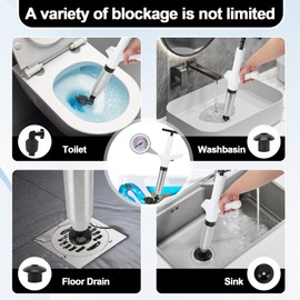 MEKOTRIN Toilet Plunger Drain Clog Remover, High Pressure Air Drain Remover Tool with Real-Time Barometer, Stainless Steel Clog Toilet Cleaner for Bathroom Kitchen Commercial Floor Sink(White)