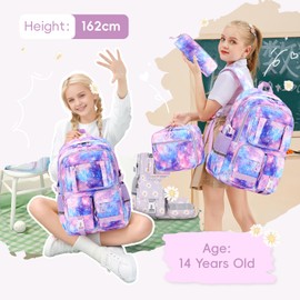 Amythe School Backpack Girls Set of 3 Large Backpack Teenager Girls School Bag 3rd - 9th Grade Waterproof Satchel Kids School Bag for School Travel, purple, Casual, school bag style