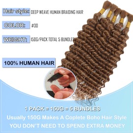Human Braiding Hair - 20 Inch, 5 Bundles, Deep Wave, Bulk, No Weft, 100% Unprocessed, 12A, for Boho Braids, 150g, 30#