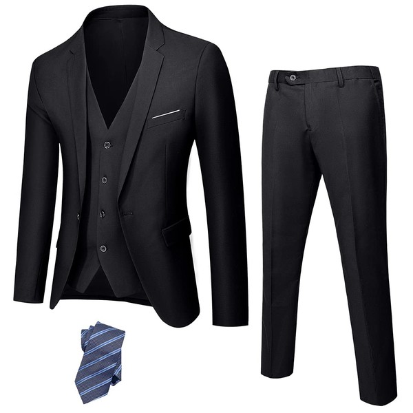 YND Men's Slim Fit 3 Piece Suit, One Button Jacket Vest Pants Set with Tie, Solid Party Wedding Dress Blazer, Tux Waistcoat and Trousers Black